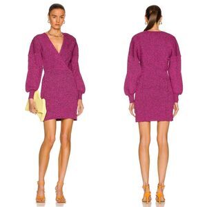 GANNI Women S Dress Carmine Rose Pink Melange Knit Mini Knit Bishop Sleeve NEW